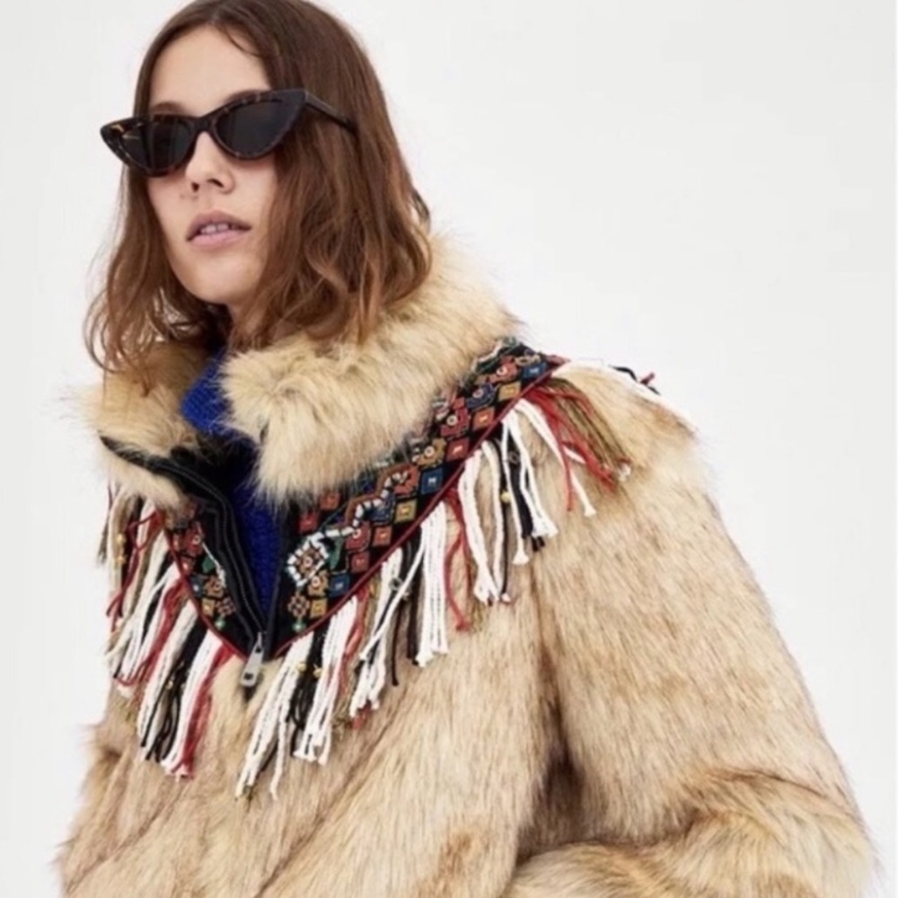 Zara Faux Fur Embroidered Fringe Jacket ✨